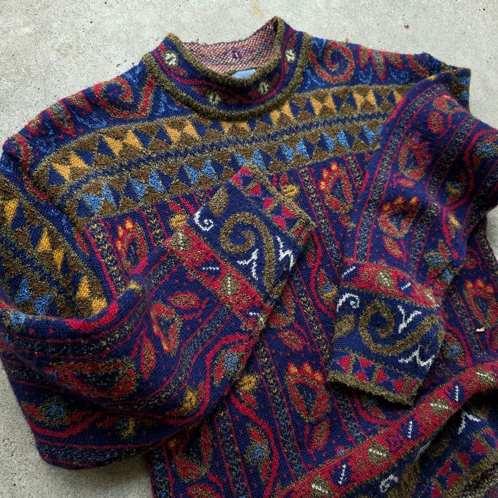 IVY Nordic Sweater Size S Maroon Multicolor Scandi Wool Colorful 90s VTG